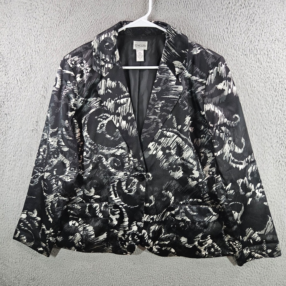 Chico's Silk Cotton Abstract Print Blazer Jacket Black White Grey Size 3 Large